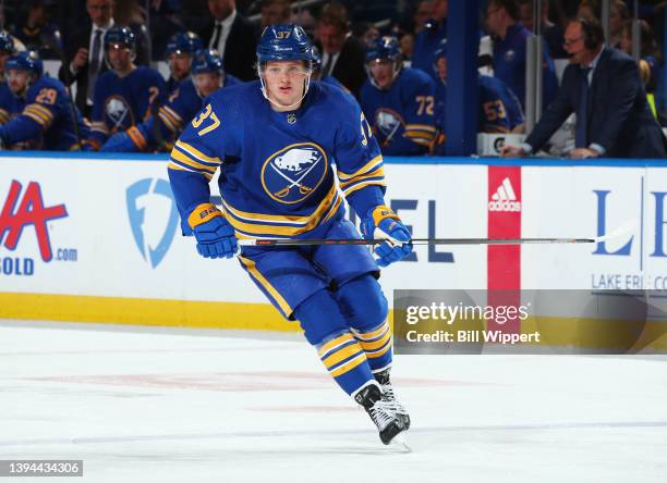 Casey Mittelstadt of the Buffalo Sabres skates against the New York Islanders during an NHL game on April 23, 2022 at KeyBank Center in Buffalo, New...