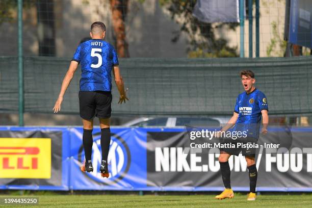 Handi Hoti of FC Internazionale celebrates his goal with Lorenzo Peschetola of FC Internazionale during the Primavera 1 match between FC...