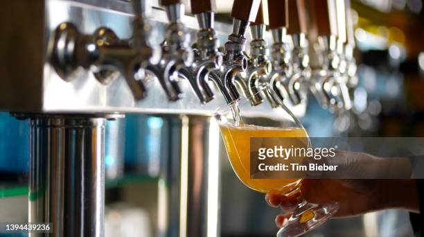 a glass of beer being poured from a tap. - brewmaster stockfoto's en -beelden