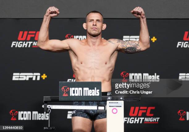 Krzysztof Jotko of Poland poses on the scale during the UFC weigh-in at UFC APEX on April 29, 2022 in Las Vegas, Nevada.
