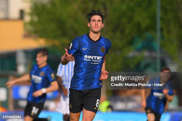 Cesare Casadei of FC Internazionale celebrates after scoring during the Primavera 1 match between FC Internazionale U19 and Spal U19 at Suning Youth...