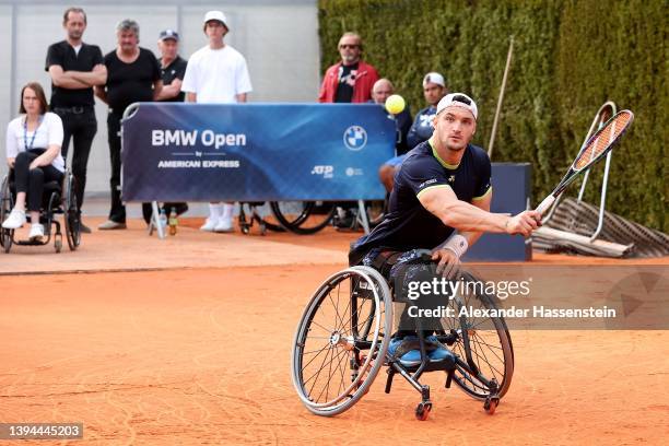 Gustavo Fernandez of Argentina plays a back hand during the final match of the Allianz Para Trophy against Alfie Hewett of Great Britain on day seven...