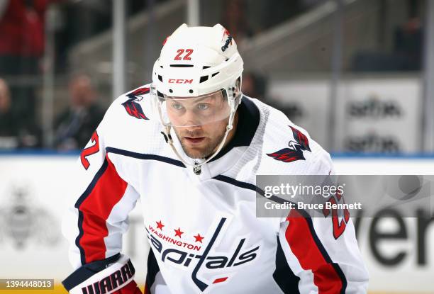 Johan Larsson of the Washington Capitals skates against the New York Islanders at UBS Arena on April 28, 2022 in Elmont, New York.