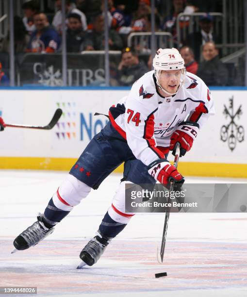 John Carlson of the Washington Capitals skates against the New York Islanders at UBS Arena on April 28, 2022 in Elmont, New York.