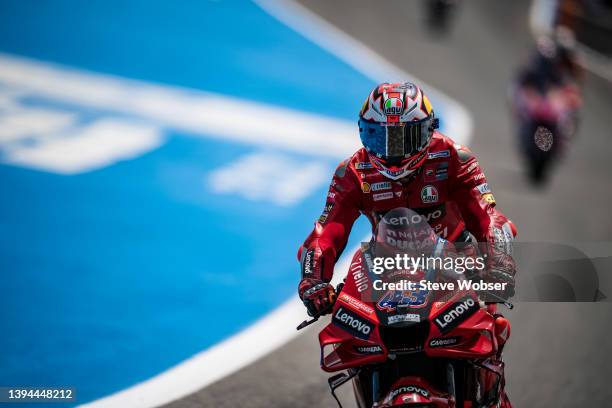 Jack Miller of Australia and Ducati Lenovo Team leaves the pitlane during the free practice session of the MotoGP Gran Premio Red Bull de España at...