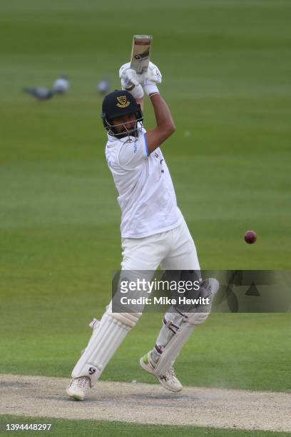 Cheteshwar Pujara of Sussex hits out during the LV= Insurance County Championship match between Sussex and Durham at The 1st Central County Ground on...