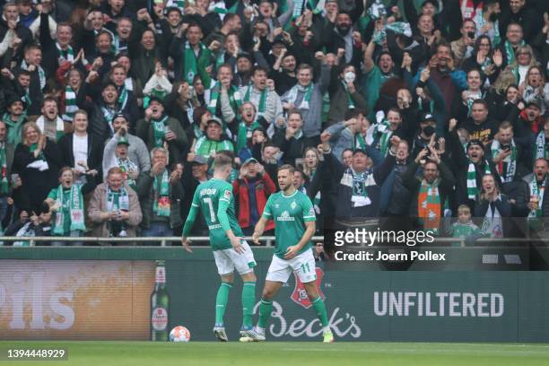 Niclas Fuellkrug of Bremen celebrates with his team mate Marvin Ducksch after scoring his teams first goal during the Second Bundesliga match between...