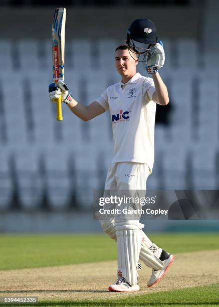 Harry Brook of Yorkshire celebrates reaching his century during the LV= Insurance County Championship match between Yorkshire and Kent at Headingley...