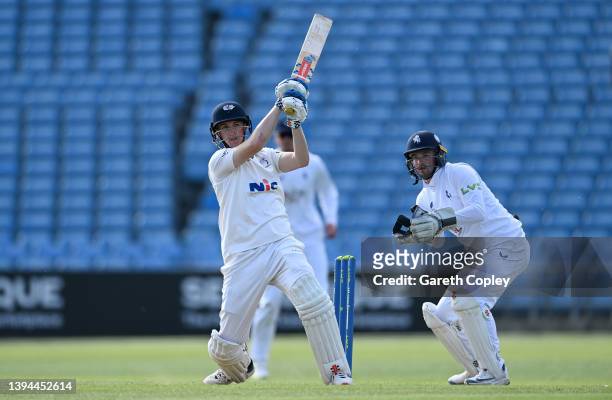 Harry Brook of Yorkshire bats watched by Kent wicketkeeper Ollie Robinson during the LV= Insurance County Championship match between Yorkshire and...