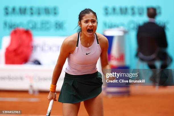 Emma Raducanu of Great Britain celebrates after winning the first set in their first round match against Tereza Martincova of Czech Republic during...