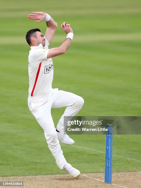 James Anderson of Lancashire bowls during the LV= Insurance County Championship match between Hampshire and Lancashire at The Ageas Bowl on April 29,...