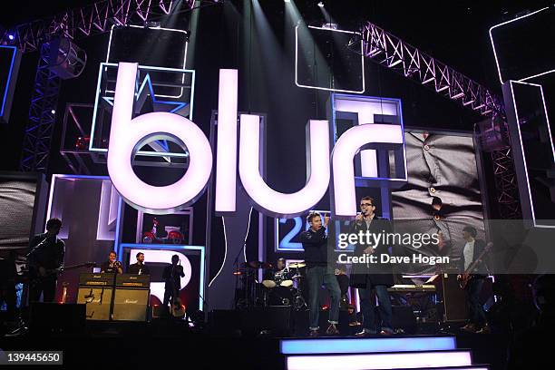 Damon Albran, Graham Coxon, Dave Rowntree and Alex James of Blur perform at rehearsals for The Brit Awards 2012 at The O2 Arena on February 21, 2012...