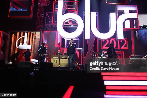 Damon Albran, Graham Coxon, Dave Rowntree and Alex James of Blur perform at rehearsals for The Brit Awards 2012 at The O2 Arena on February 21, 2012...