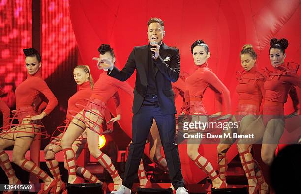 Olly Murs performs during a dress rehearsal at the BRIT Awards 2012 held at O2 Arena on February 21, 2012 in London, England.