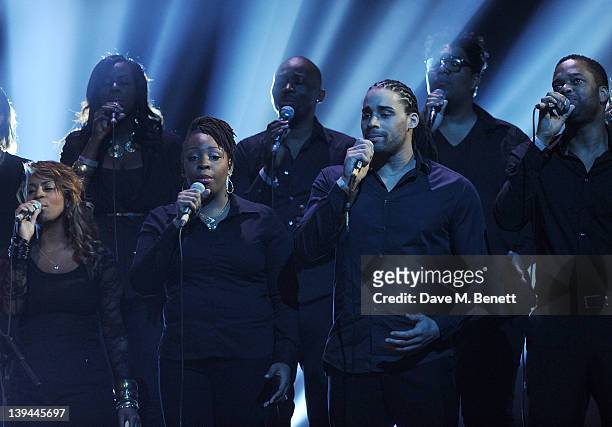 Choir performs with Blur during a dress rehearsal at the BRIT Awards 2012 held at O2 Arena on February 21, 2012 in London, England.