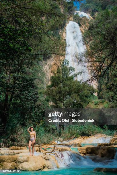 woman swimming in  el chiflon waterfall in chiapas, mexico - bucket list stock pictures, royalty-free photos & images