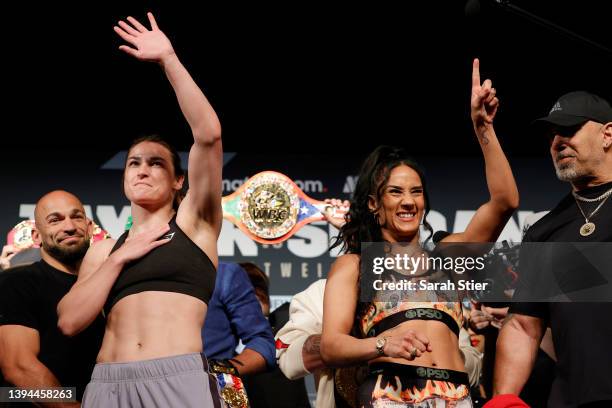 Katie Taylor of Ireland and Amanda Serrano of Puerto Rico face off during the Weigh-In leading up to their World Lightweight Title fight at The Hulu...