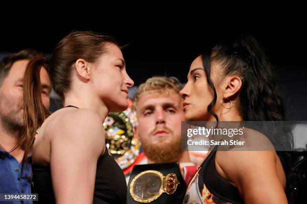 Katie Taylor of Ireland and Amanda Serrano of Puerto Rico face off during the Weigh-In leading up to their World Lightweight Title fight at The Hulu...