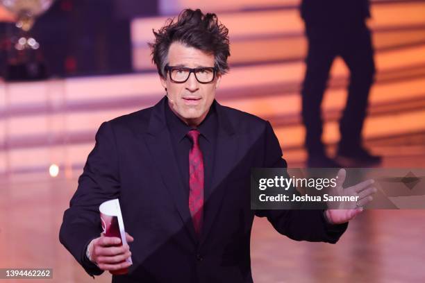 Daniel Hartwich speaks on stage during the 9th show of the 15th season of the television competition show "Let's Dance" at MMC Studios on April 29,...