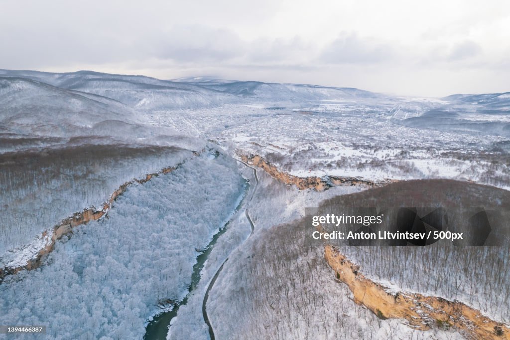 Aerial view of Plateau Lago- Naki mountain twisted road in the winter