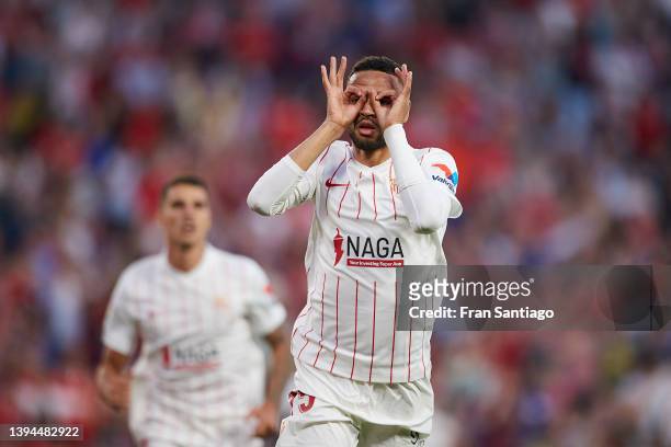 Youssef En-Nesyri of Sevilla FC celebrates scoring his teams first goal during the LaLiga Santander match between Sevilla FC and Cadiz CF at Estadio...