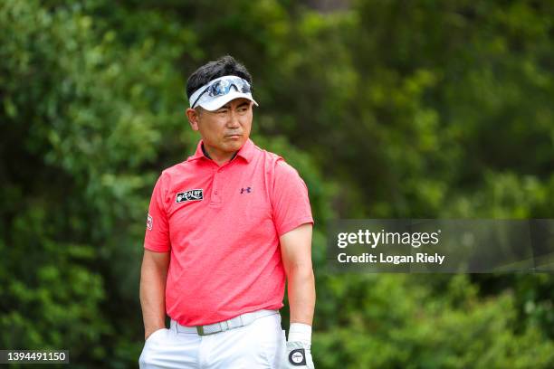 Yang of South Korea tees off from the third hole during the first round of the Insperity Invitational at The Woodlands Golf Club on April 29, 2022 in...