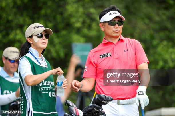 Yang of South Korea tees off from the third hole during the first round of the Insperity Invitational at The Woodlands Golf Club on April 29, 2022 in...