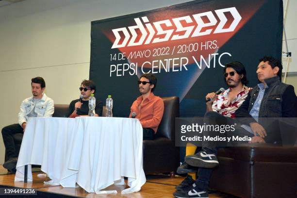 Edagr Macin, Rodolfo Guerrero, Juan Pablo Muñoz, Daniel Leon, and Manuel Uribe of Odisseo speak during a press conference ahead of their concert at...