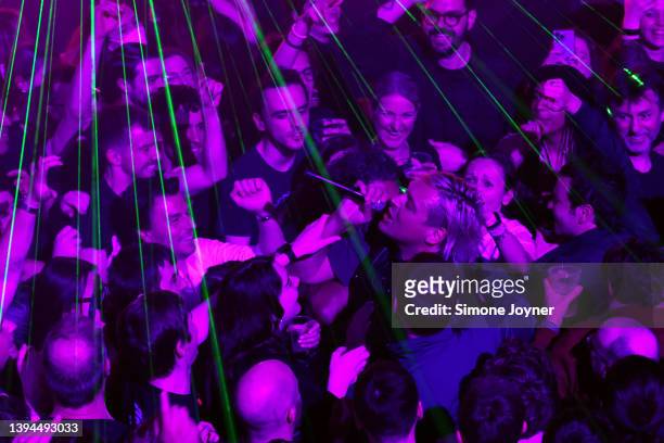 Win Butler of Arcade Fire performs in the crowd at KOKO on April 29, 2022 in London, England. Arcade Fire play their first London show since 2018 in...