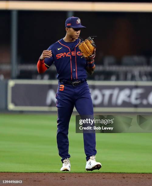 Jeremy Pena of the Houston Astros against the Los Angeles Angels at Minute Maid Park on April 20, 2022 in Houston, Texas.