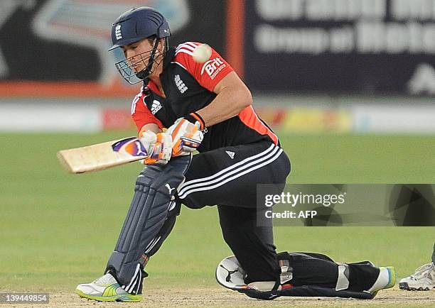 England's Craig Kieswetter plays a shot during the fourth and final One Day International match between Pakistan and England at the Dubai...