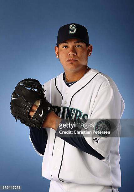Pitcher Felix Hernandez of the Seattle Mariners poses for a portrait during spring training photo day at Peoria Stadium on February 21, 2012 in...