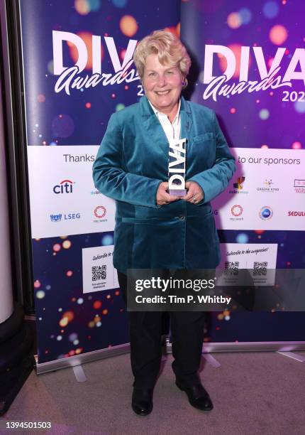 Sandi Toksvig with her Media Personality award at the DIVA Awards 2022 at The Waldorf Hilton Hotel on April 29, 2022 in London, England.