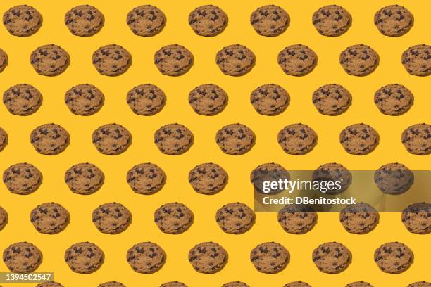 chocolate dotted cookies pattern on yellow background. concept of sweet, cookies, biscuit, obesity, sugar and diet. - cookie studio stock pictures, royalty-free photos & images