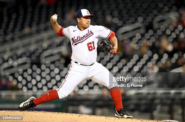 Erasmo Ramirez of the Washington Nationals pitches against the Miami Marlins at Nationals Park on April 27, 2022 in Washington, DC.