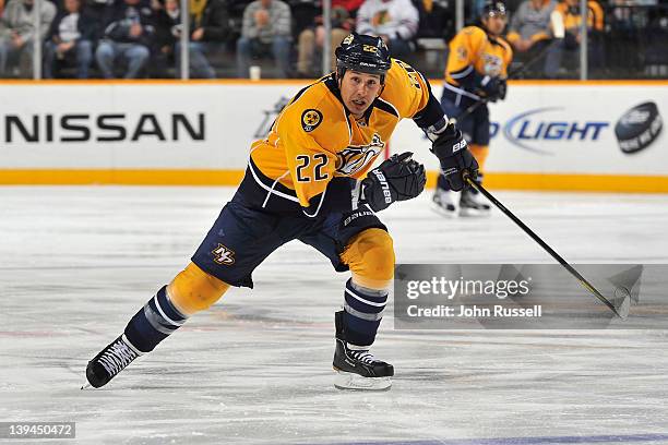 Jordin Tootoo of the Nashville Predators skates against the Chicago Blackhawks during an NHL game at the Bridgestone Arena on February 14, 2012 in...