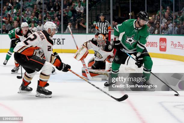 Alexander Radulov of the Dallas Stars controls the puck against Kevin Shattenkirk of the Anaheim Ducks in the first period at American Airlines...