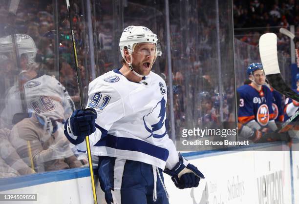 Steven Stamkos of the Tampa Bay Lightning celebrates his goal at 11:13 of the third period against the New York Islanders at UBS Arena on April 29,...