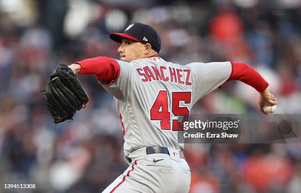Aaron Sanchez of the Washington Nationals pitches against the San Francisco Giants in the first inning at Oracle Park on April 29, 2022 in San...