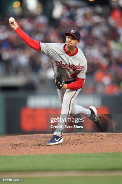 Aaron Sanchez of the Washington Nationals pitches against the San Francisco Giants in the first inning at Oracle Park on April 29, 2022 in San...