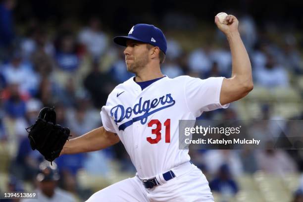 Tyler Anderson of the Los Angeles Dodgers pitches during the first inning against the Detroit Tigers at Dodger Stadium on April 29, 2022 in Los...