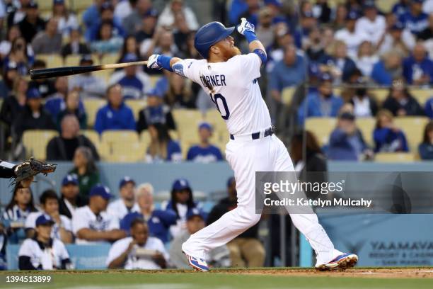 Justin Turner of the Los Angeles Dodgers hits a two-run home run during the first inning against the Detroit Tigers at Dodger Stadium on April 29,...