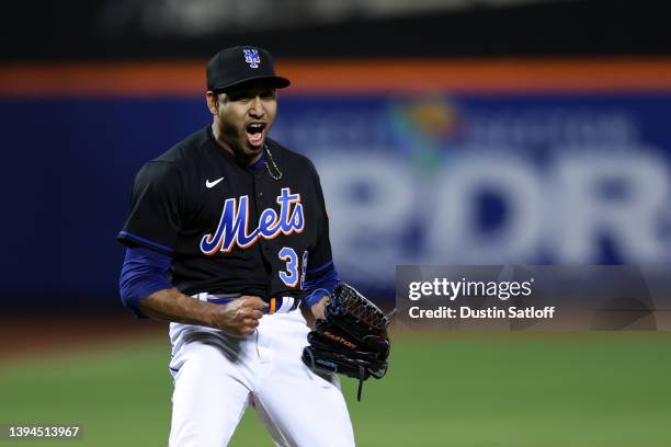 Edwin Diaz of the New York Mets reacts after recording the final out completing a combined no-hitter in the game against the Philadelphia Phillies at...