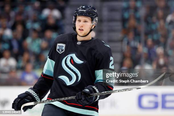 Dennis Cholowski of the Seattle Kraken looks on during the first period against the San Jose Sharks at Climate Pledge Arena on April 29, 2022 in...