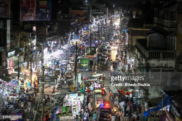 View of a busy street in the evening after last Friday prayers in the holy month of Ramadan at on April 29, 2022 in Allahabad, India. Islam's holy...