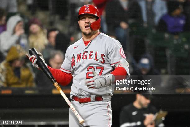 Mike Trout of the Los Angeles Angels reacts after taking a strike in the sixth inning against the Chicago White Sox at Guaranteed Rate Field on April...