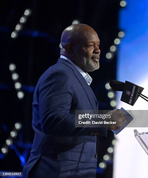 Pro Football Hall of Fame member Emmitt Smith announces the Dallas Cowboys' 88th overall pick during round three of the 2022 NFL Draft on April 29,...