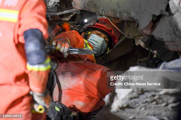 Rescuers work at the collapse site of a self-constructed residential building on April 29, 2022 in Changsha, Hunan Province of China. The incident...