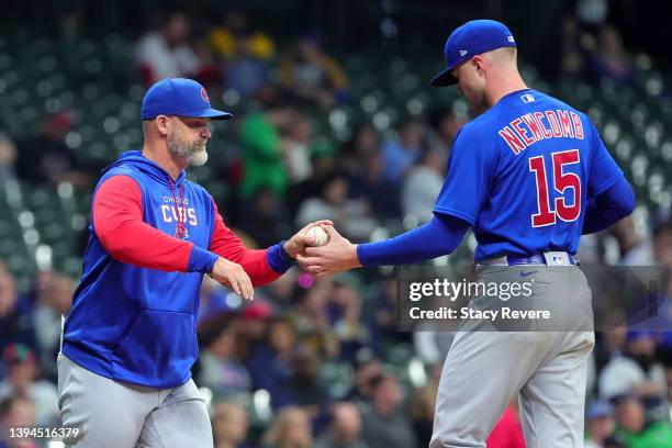 Manager David Ross relieves Sean Newcomb of the Chicago Cubs during the eighth inning against the Milwaukee Brewers at American Family Field on April...