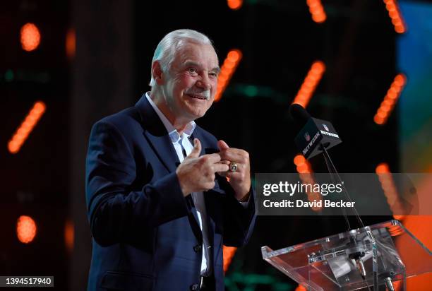 Pro Football Hall of Fame member Larry Csonka announces the Miami Dolphins' 102th overall pick during round three of the 2022 NFL Draft on April 29,...